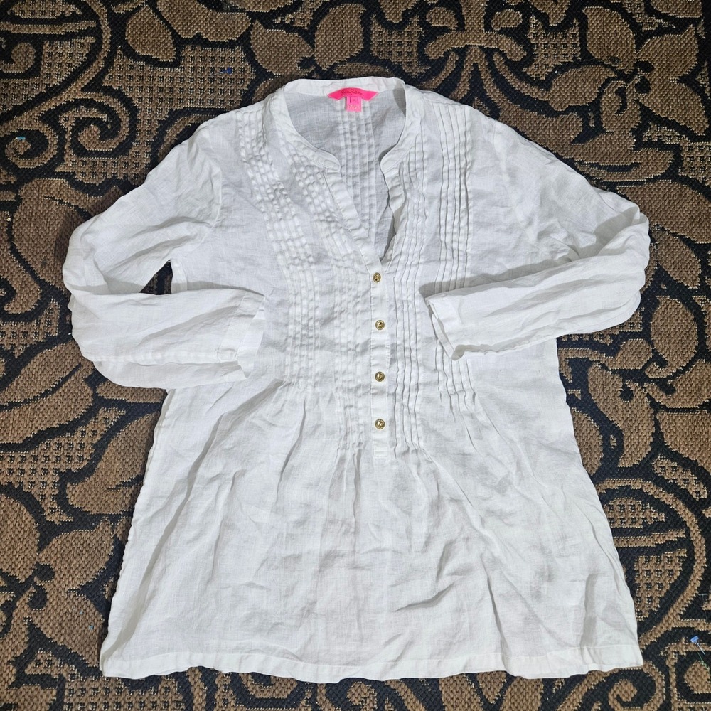 Lilly Pulitzer Womens White Linen Pintuck Tunic Blouse Gold Buttons Size M